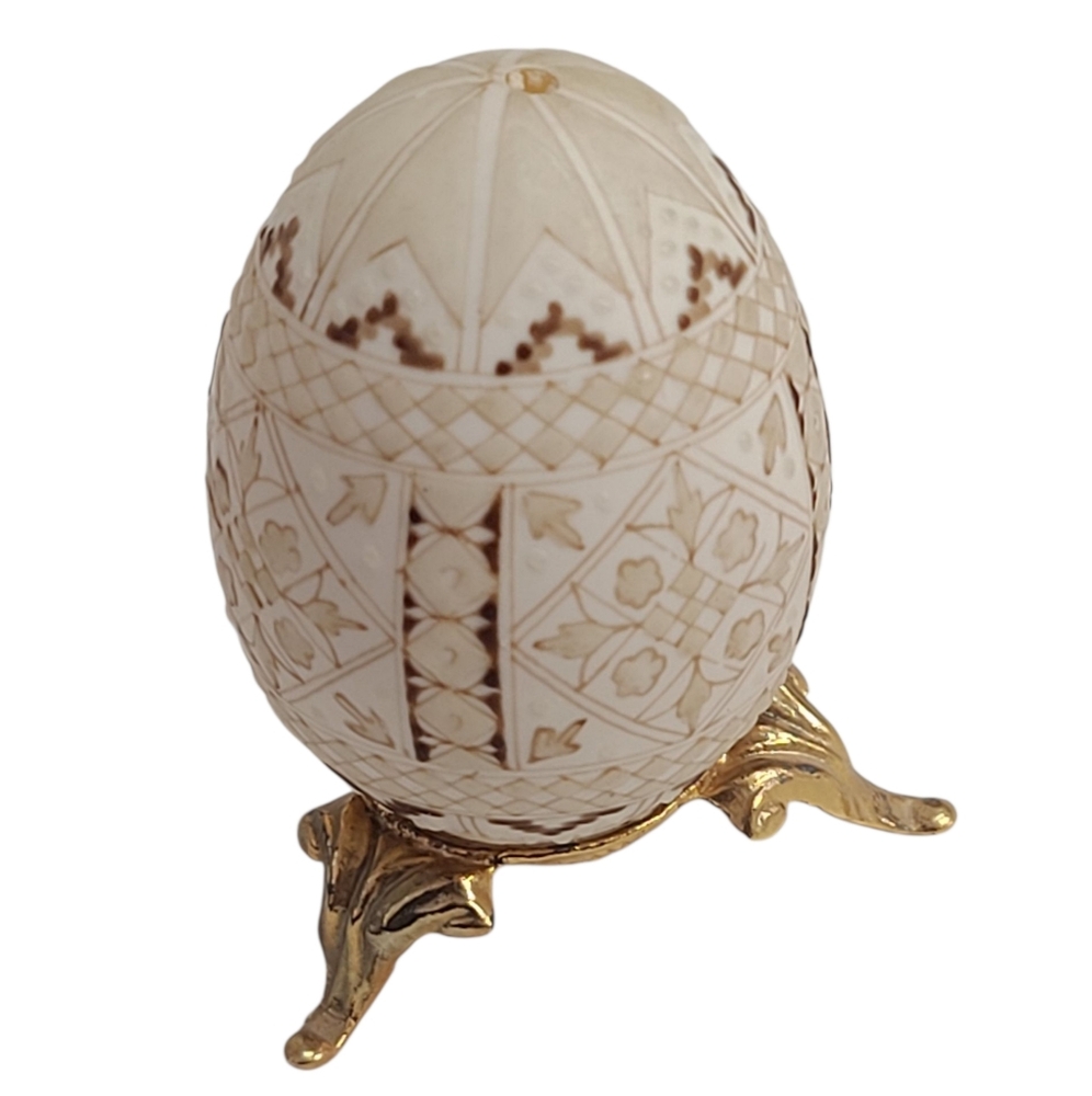 Ornate Carved, Vintage Hollowed Real Chicken Egg with Gold Tone Stand